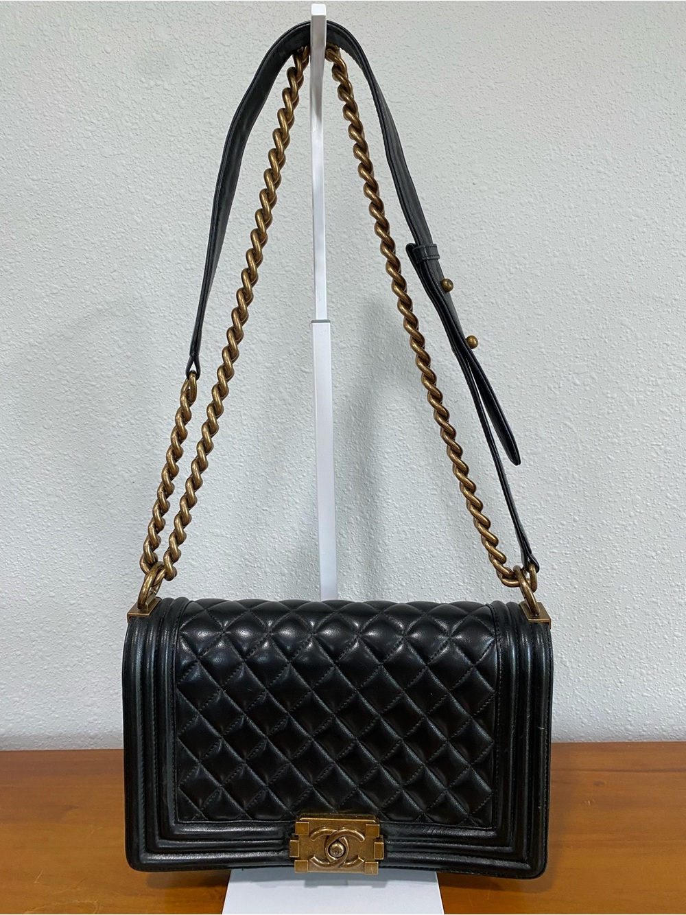 Black Quilted Leather Shoulder Bag with Gold Chain